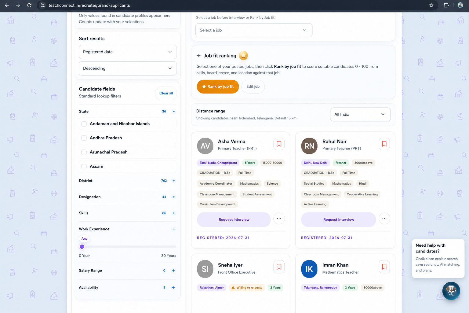 TeachConnect Brand Applicants demo with sample candidate cards