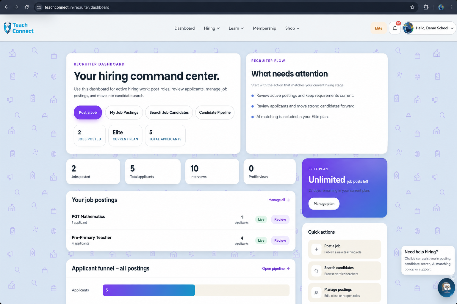 TeachConnect recruiter dashboard demo for Demo School