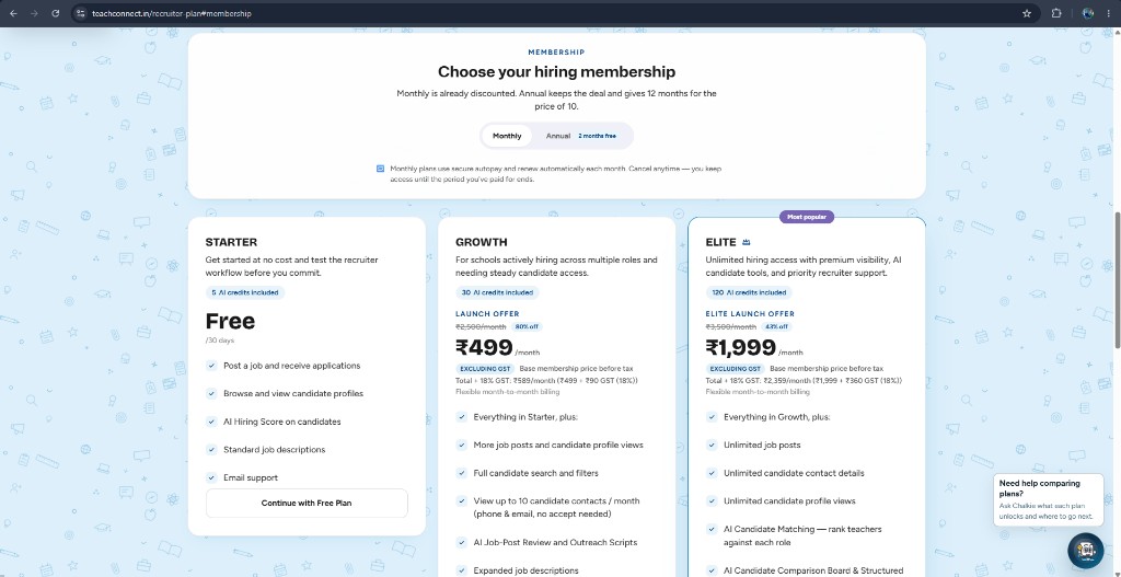 TeachConnect recruiter membership plans