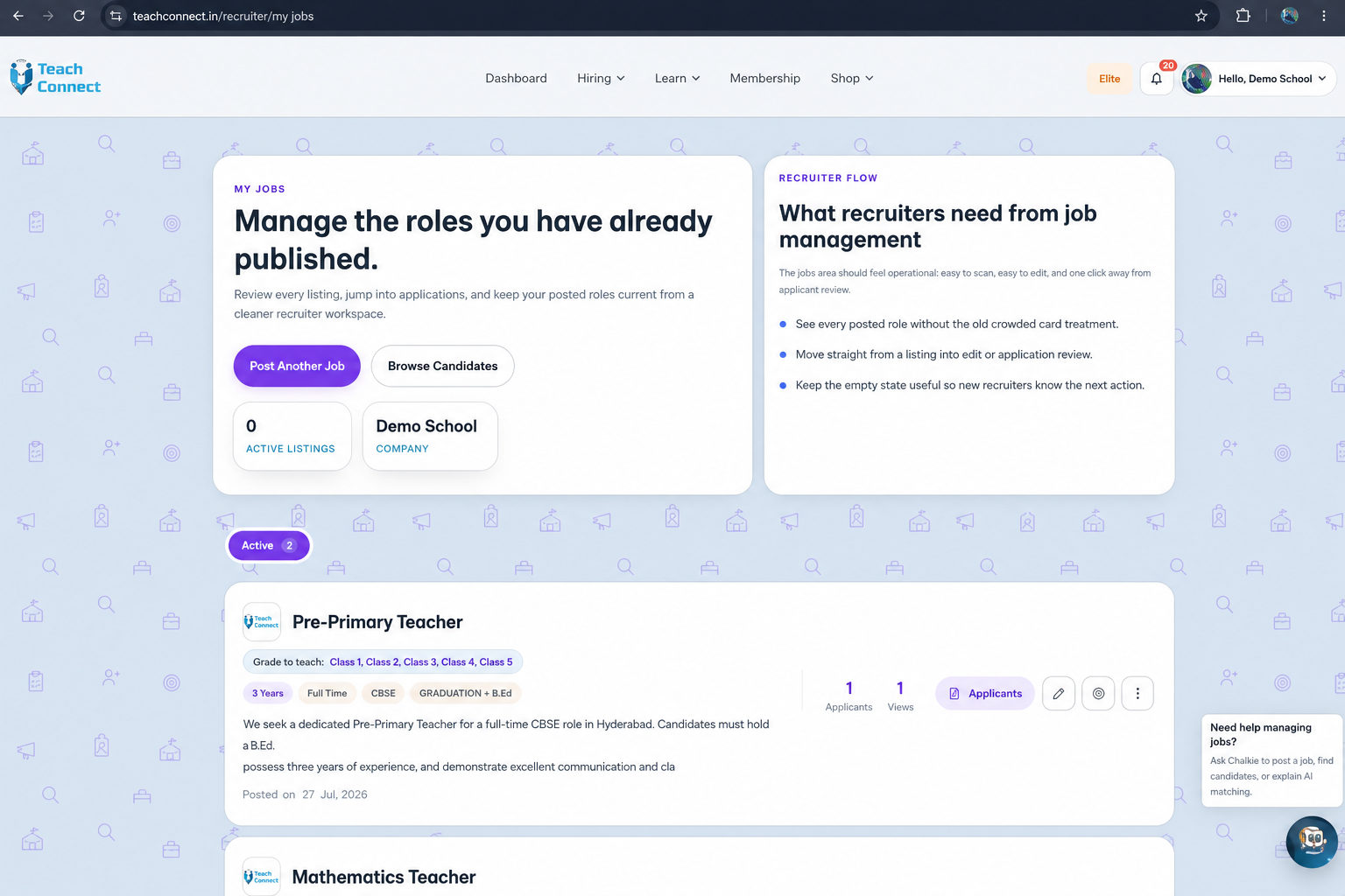 TeachConnect My Jobs demo for Demo School