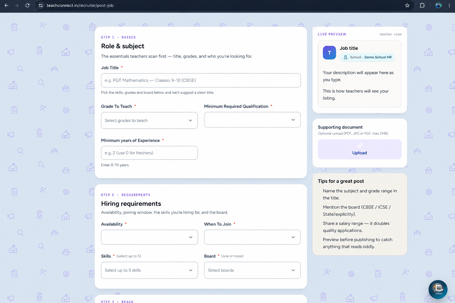 TeachConnect post job form demo with Demo School HR preview