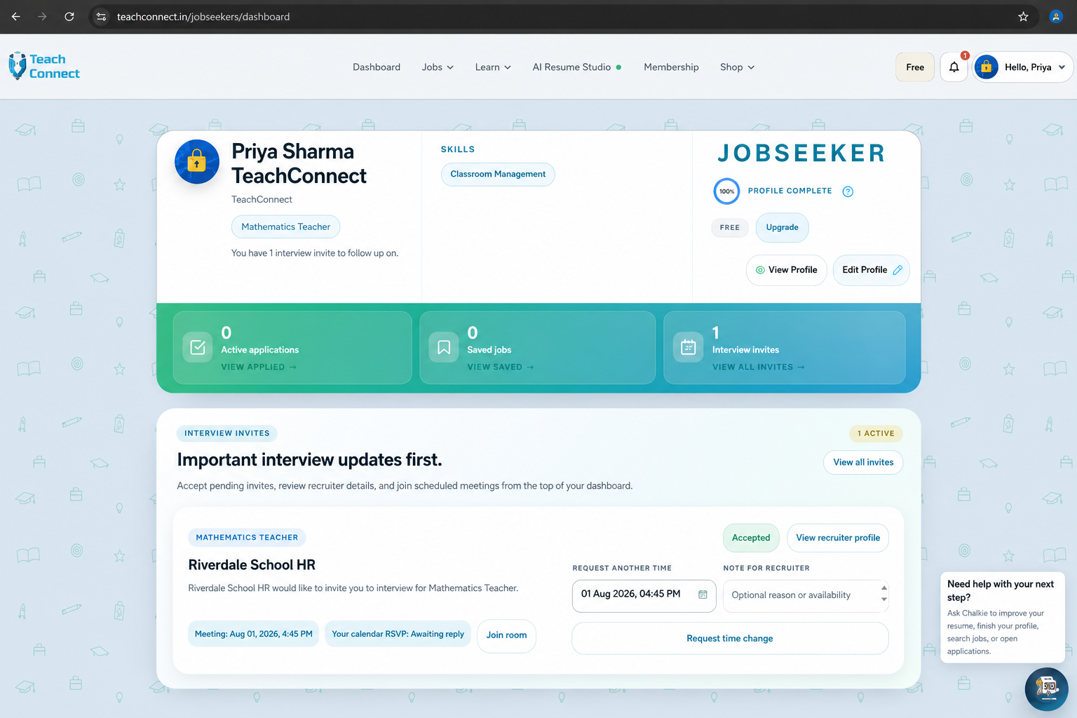 TeachConnect teacher dashboard demo with sample teacher Priya Sharma