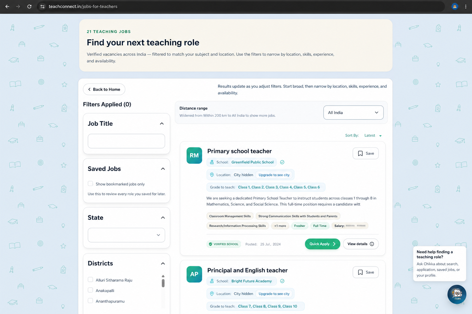 TeachConnect search jobs page demo for teachers