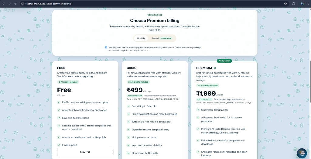 TeachConnect jobseeker membership plans
