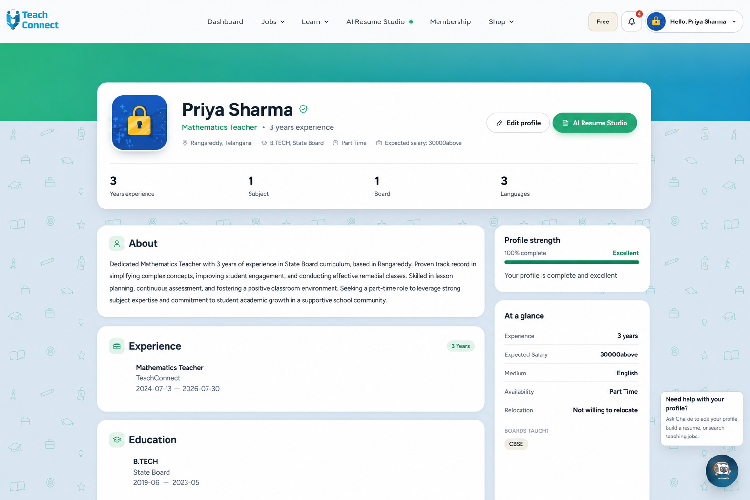 TeachConnect teacher profile demo with sample teacher Priya Sharma