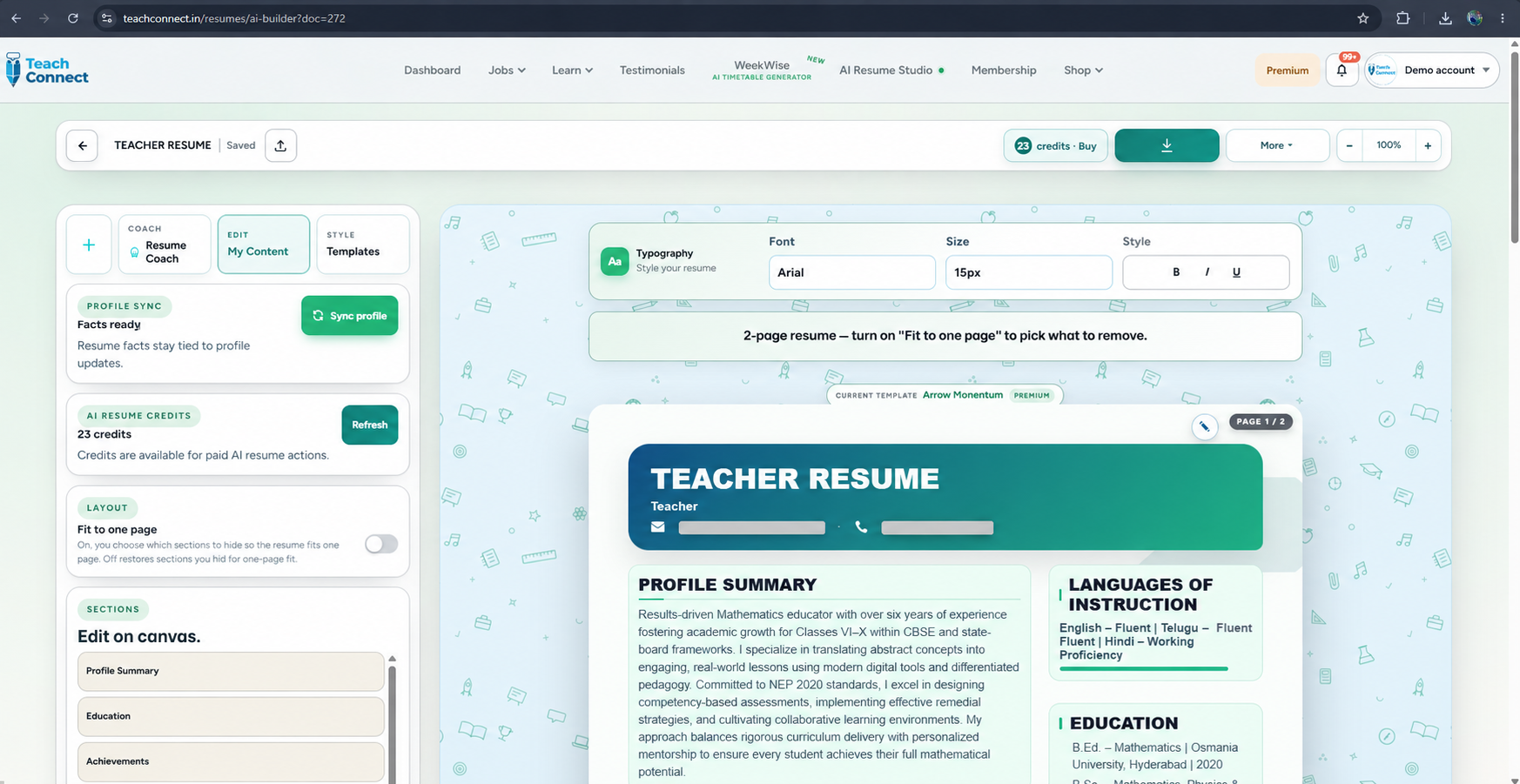 TeachConnect AI Resume Studio privacy-safe product demo