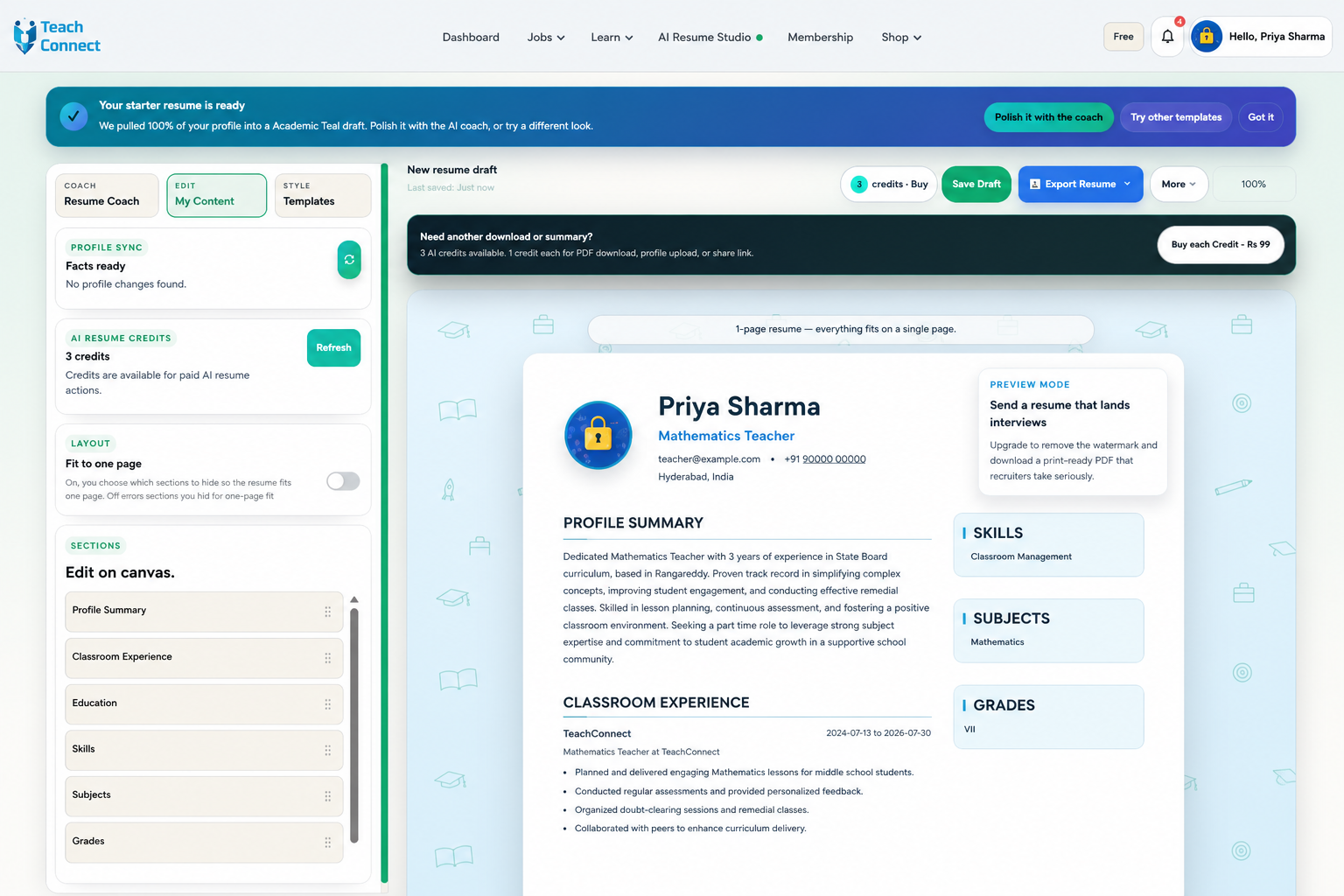 TeachConnect AI Resume Studio demo with sample teacher Priya Sharma